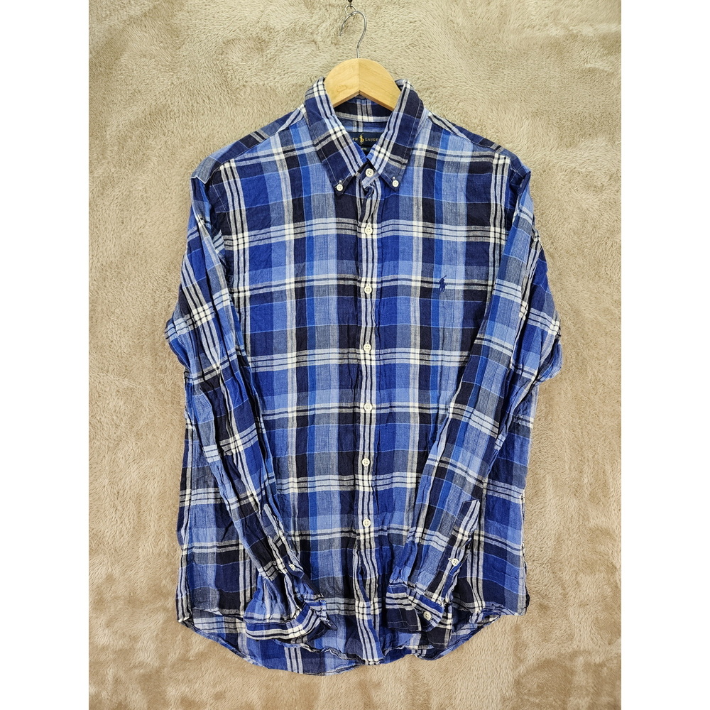 Ralph Lauren 100% Linen Shirt Slim Fit Plaid Size L Pony Logo